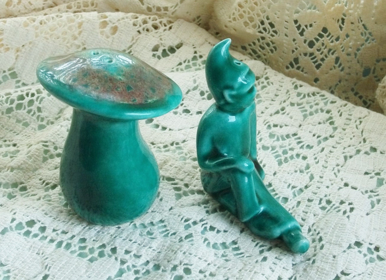 Decorative Ceramic Salt Shaker Set - Green Elf and Mushroom