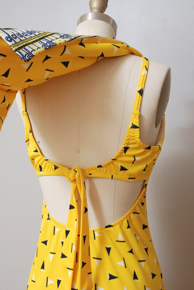 1960s Maxi Dress - Yellow Sailor Ascot Dress with Sailboats