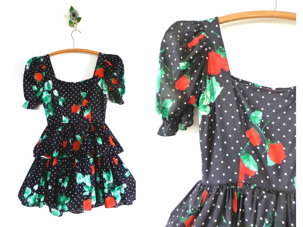 80s Party Dress . Carmen Miranda . Red Roses Dress . Peplum . Polka Dots