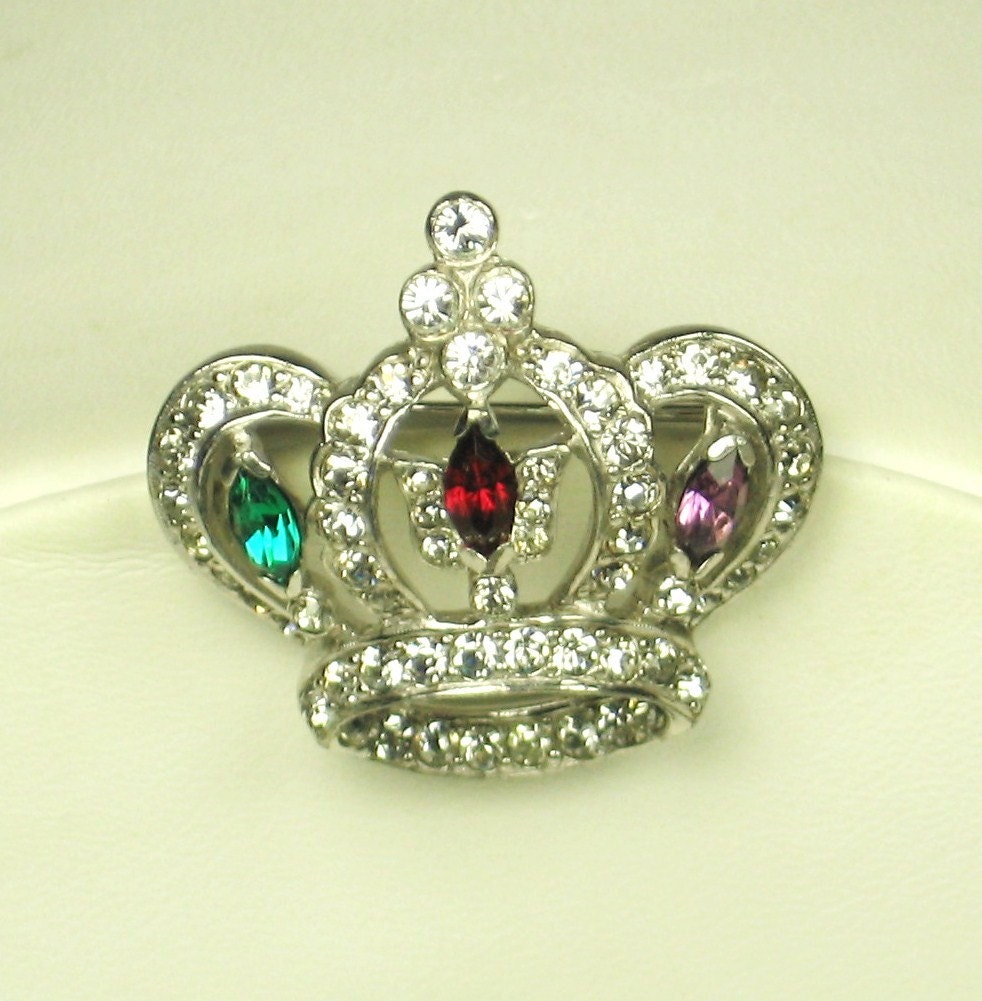 Mazer Brothers Rhodium Metal and Rhinestone Crown Pin