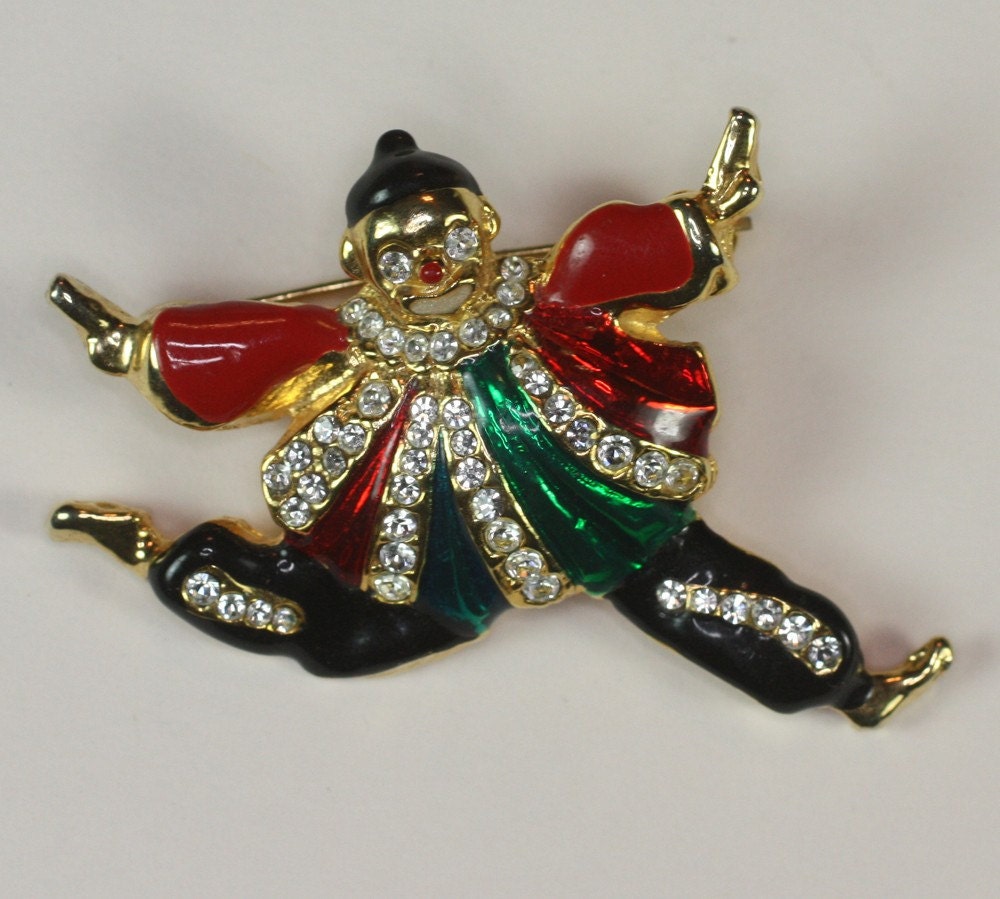 Colorful Enamel and Rhinestone Circus Clown Vintage Figural Brooch