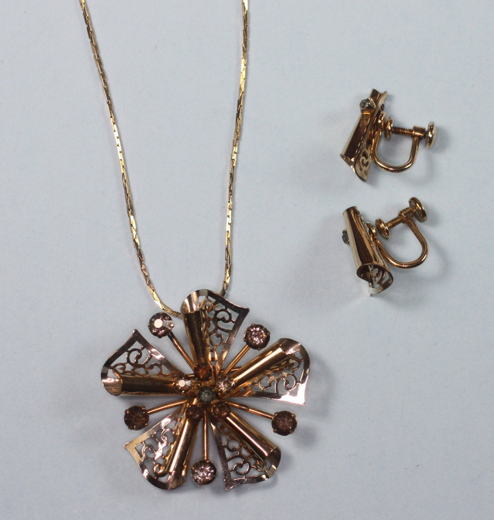 Vintage Gold Filled Set Necklace Pin  Earrings Rhinestones