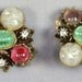 Vintage Earrings Faux Pearl Rhinestone Pink and Green Art Glass Stones