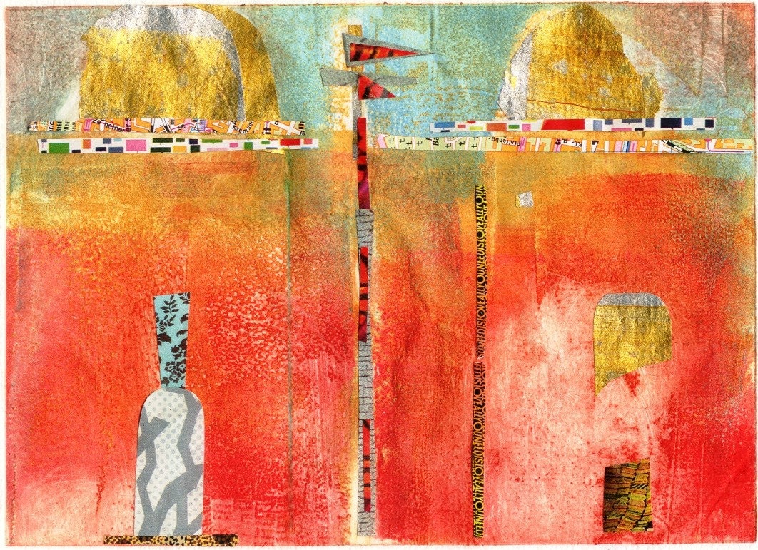 Turkish Delight 02 - unique, one of a kind, Collagraph Print with Collage