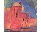 Red House - Collagraph monoprint with Collage