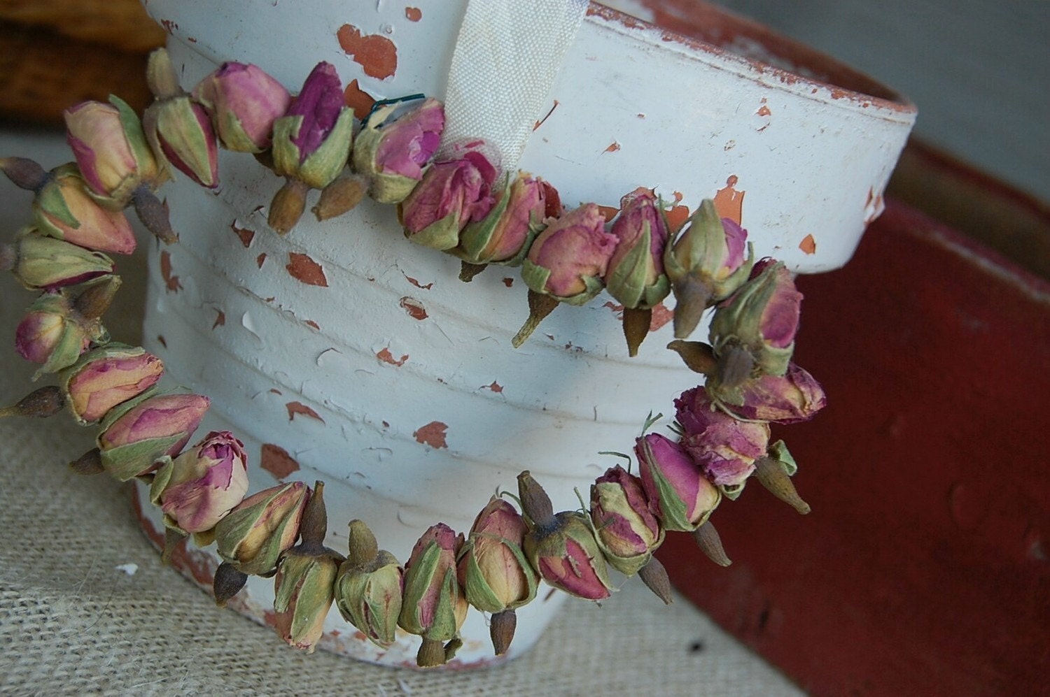 Two - Dried Pink Rosebud Hearts Shabby Cottage