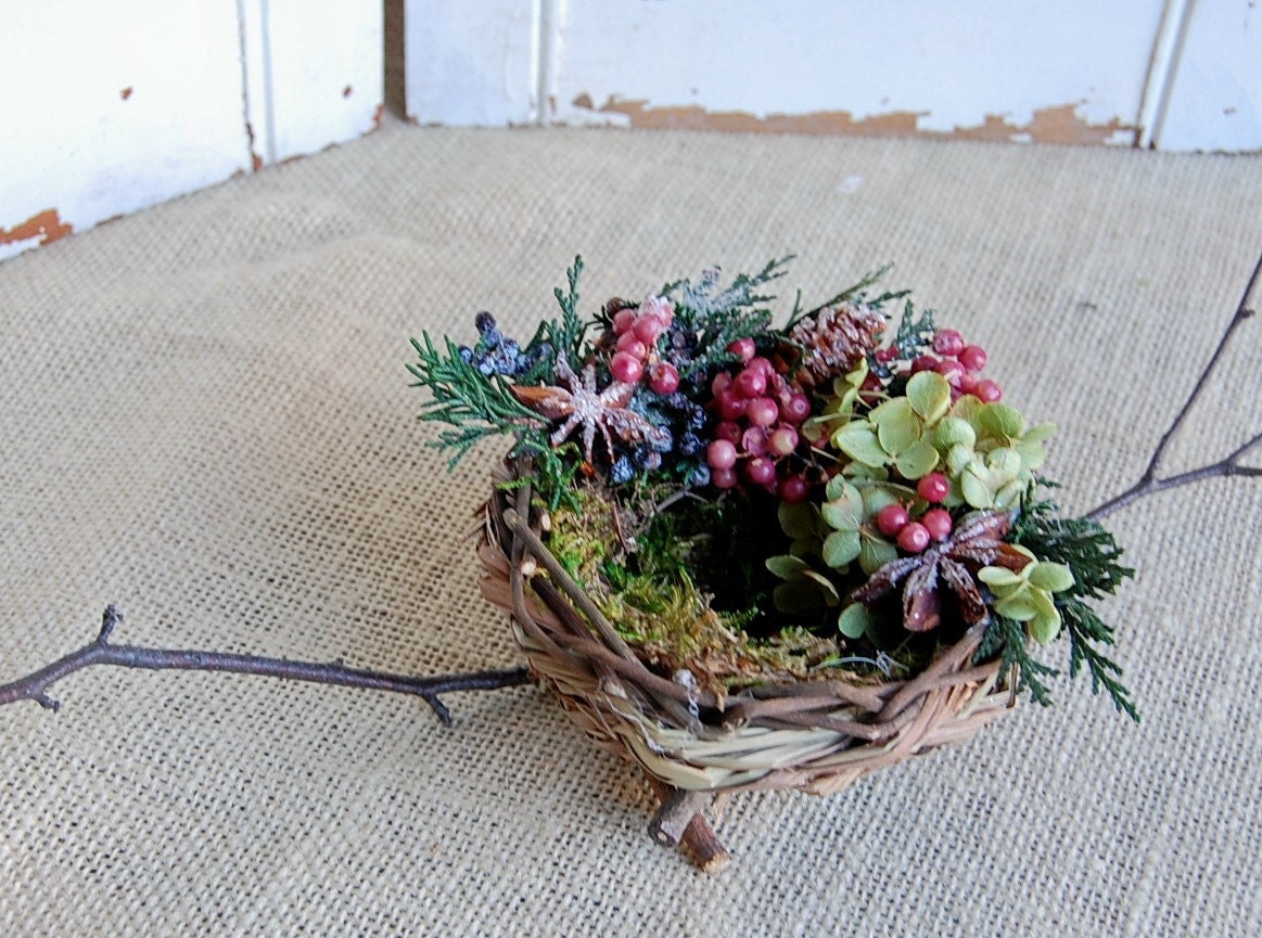 Birds Nest with Dried Flowers, Berries, and Evergreens