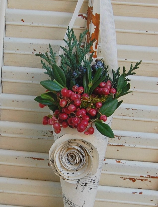Holiday Paper Cone with Preserved Greens and Berries