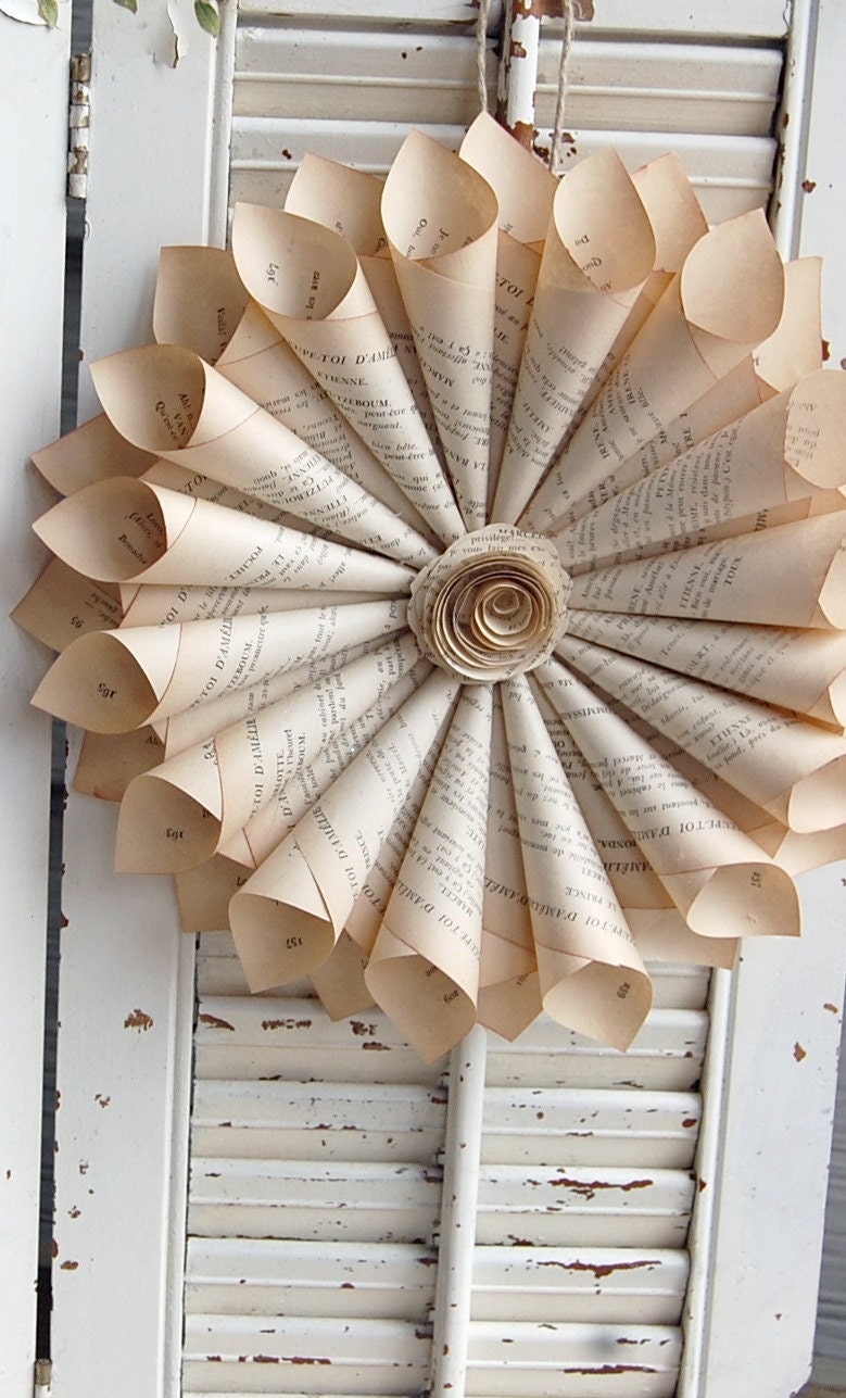 Paper Book Wreath French Farmhouse Vintage Romantic with Paper Rose