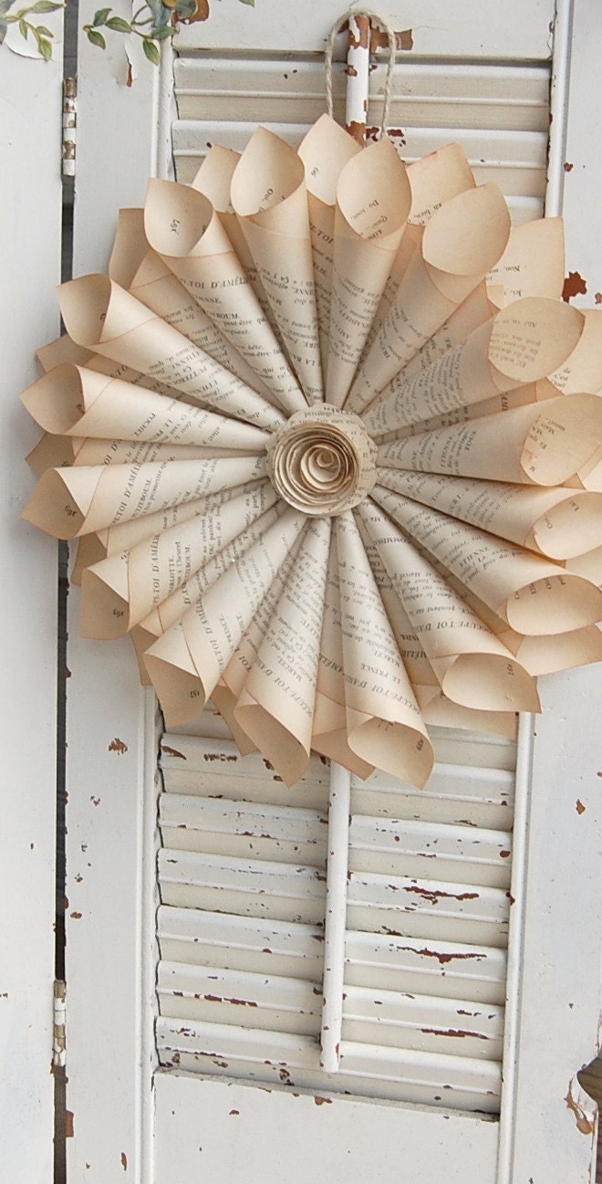 Paper Book Wreath French Farmhouse Vintage Romantic with Paper Rose