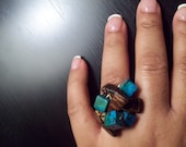 SALE Gold Cluster Ring w/wood and square turquoise beads