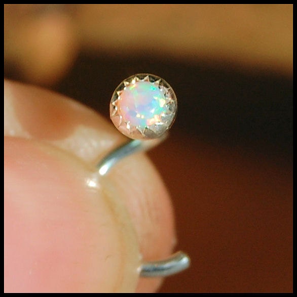 Opal Nose Stud in Sterling Silver Serrated Bezel - L or Screw End CUSTOMIZE