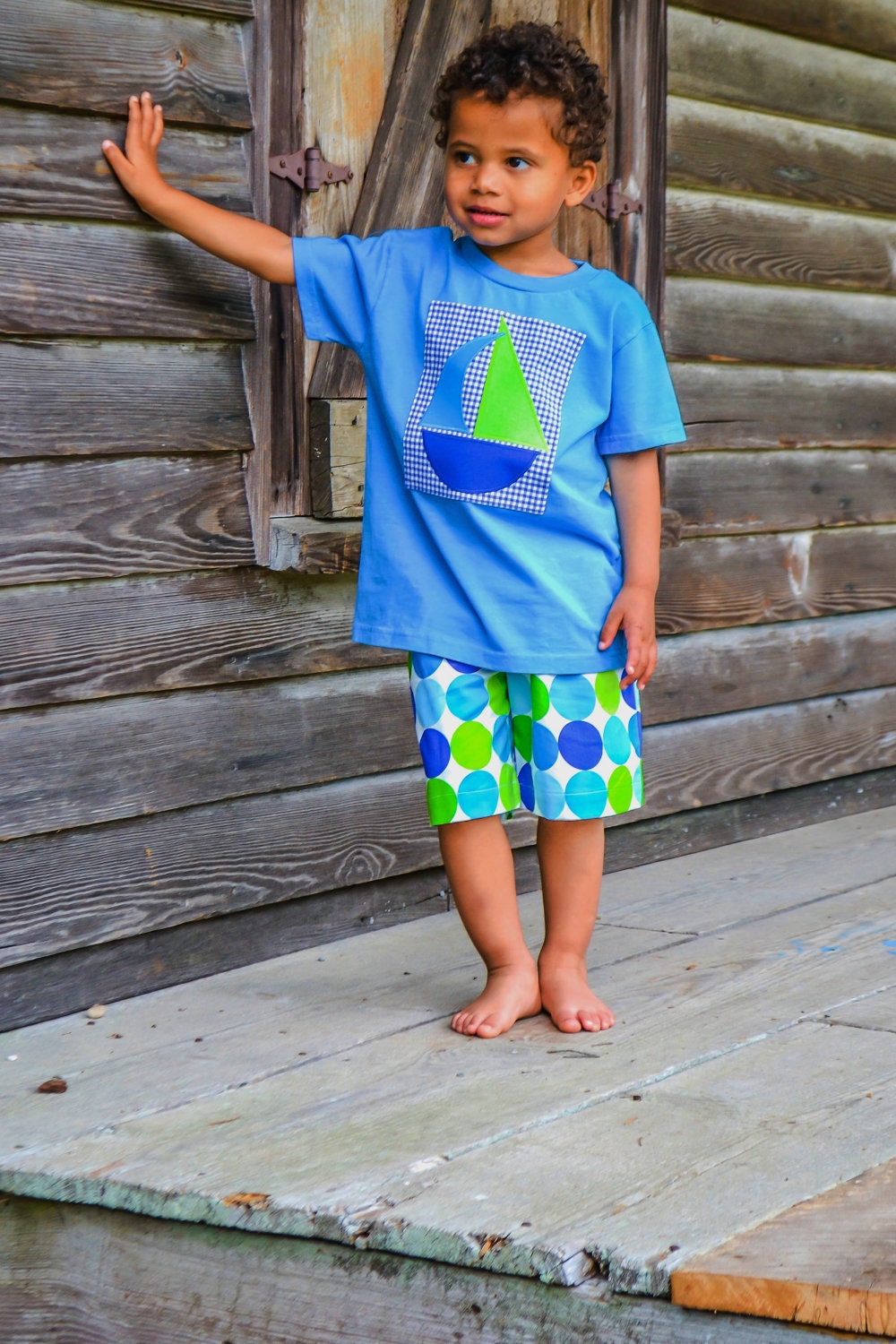 Blue Green Large Dots Shorts with Sailboat Applique Shirt