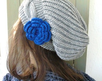 Hand Knit Hat- Womens hat - chunky knit Slouchy Beanie  Slouch  Hat Flower  Winter Accessories knitted beret silver gray Autumn Fashion