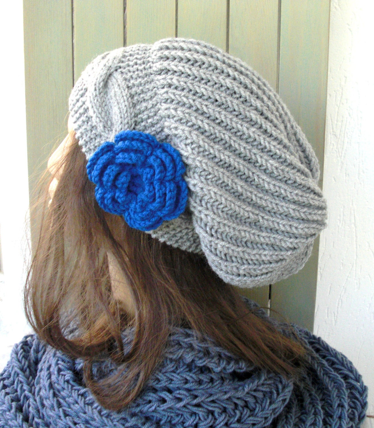 Hand Knit Hat- Womens hat - chunky knit Slouchy Beanie Slouch Hat Flower Winter Accessories knitted beret silver gray Autumn Fashion