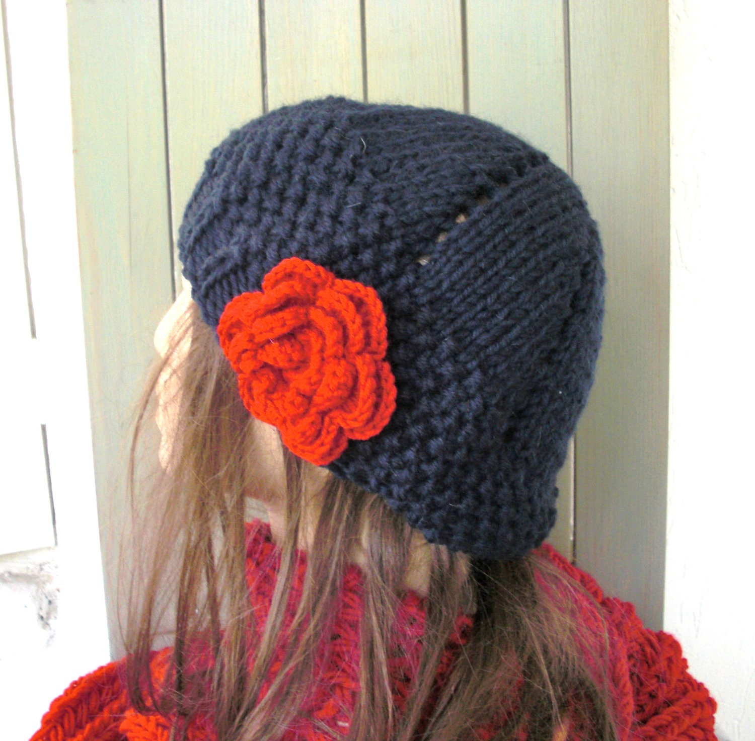 Hand Knit Hat - Womens hat- beret  Navy Blue with red  flower- womens Slouch Beanie    Fashion gifts  Winter Accessories hat fashion tam
