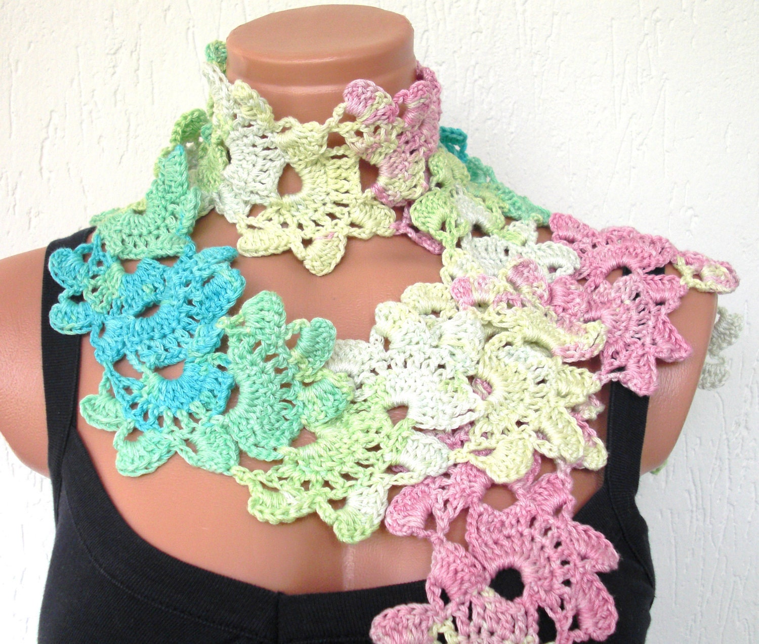 Crochet Womens Scarf- Seashell Scarf in Cream pink blue green - Inspired Turkish Lace- Cotton- crochet Lariat- Summer Scarf
