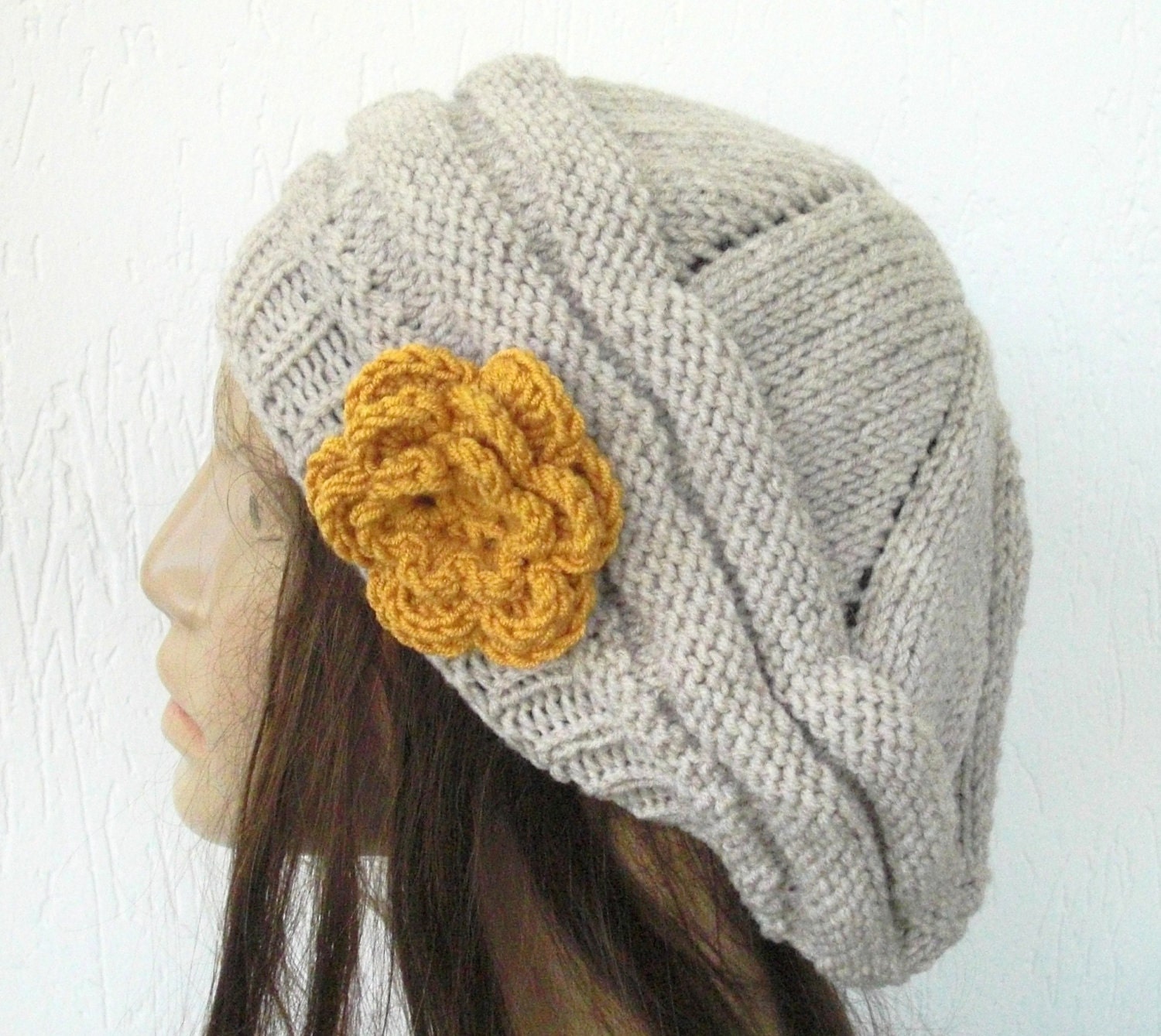 Hand Knit Hat - chunky knit Beehive beret Oatmeal mustard flower- womens hat Slouch Beanie