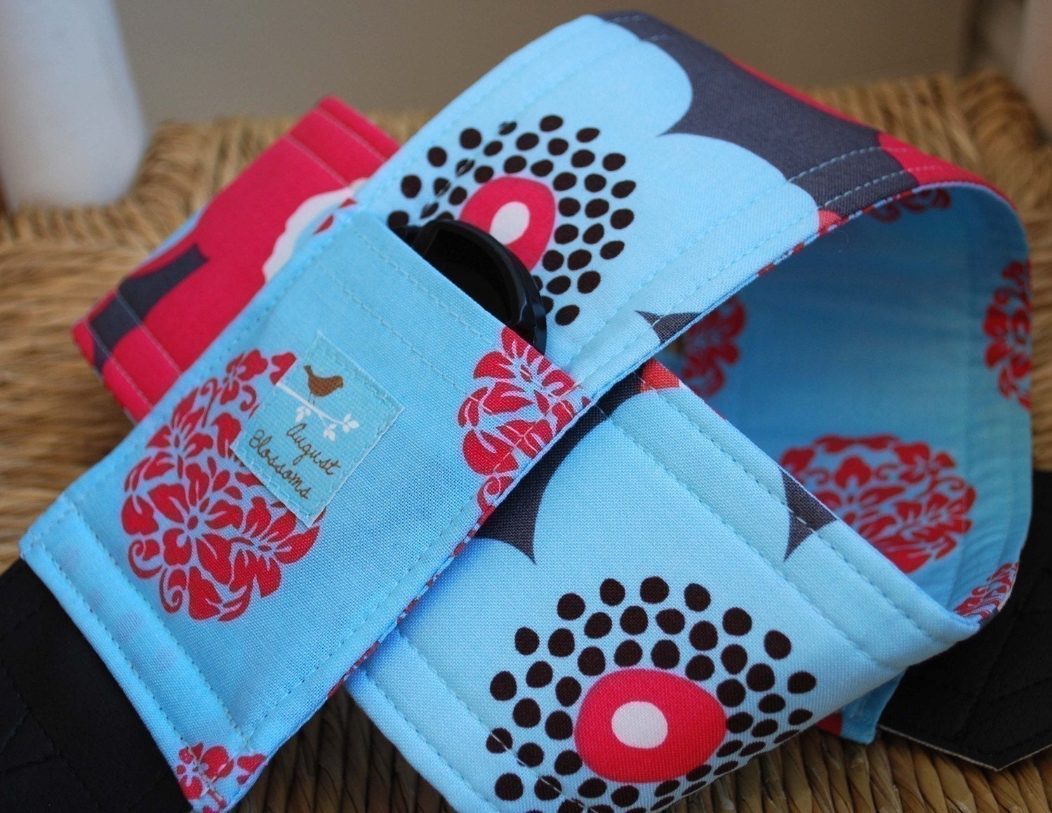 Camera Strap Reversible Lens Cap Pocket Blue and Coral Woodland Bloom