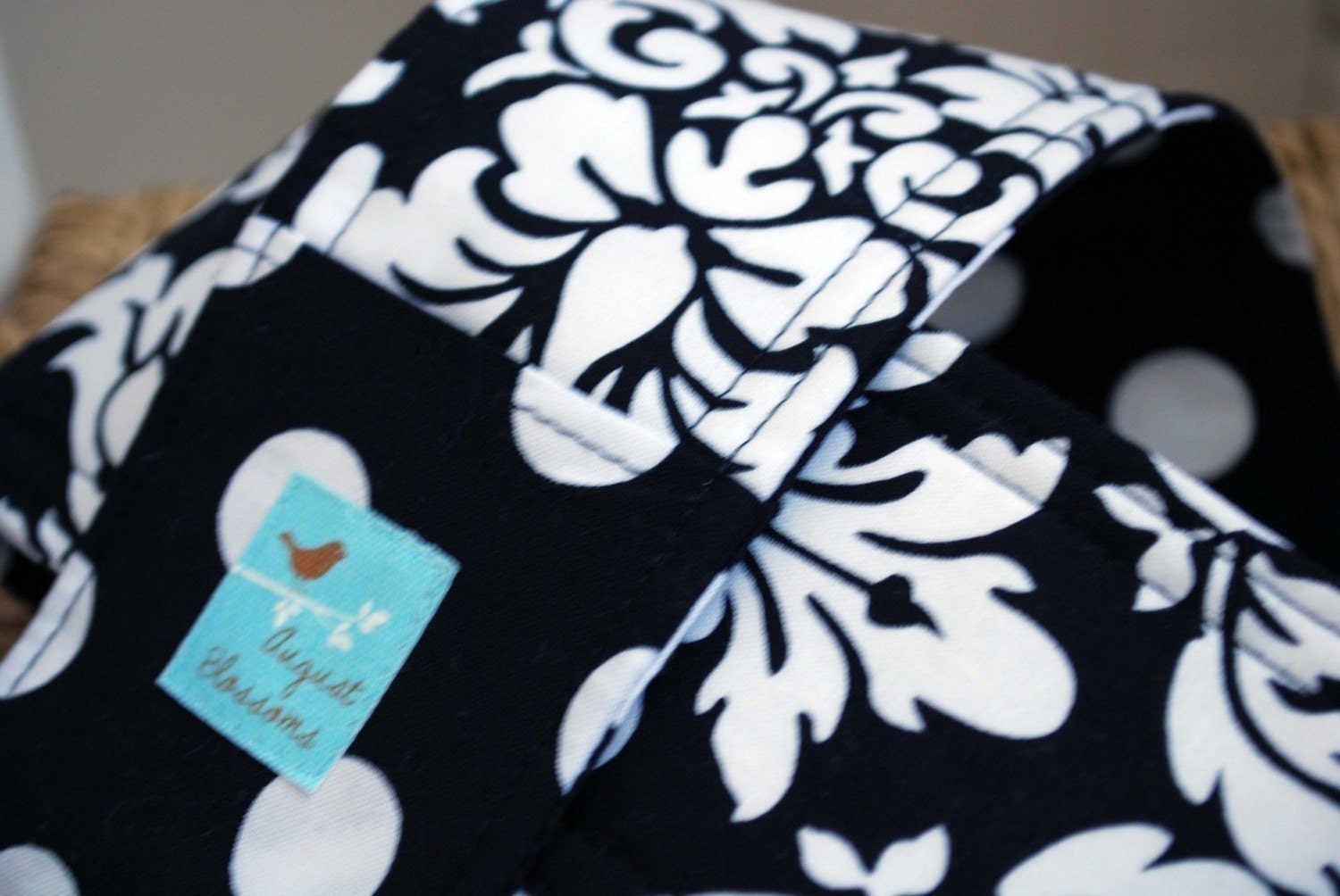 Camera Strap Black and White Damask and Dot Reversible Lens Cap Pocket