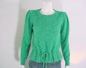 Vintage 1970s Pointelle Sweater Lacy Peplum Drawsting Belt - Small to Medium
