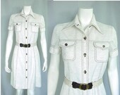 1970s Vintage Shirt Dress Oatmeal with Brown Topstitch Accents - size Small to Medium