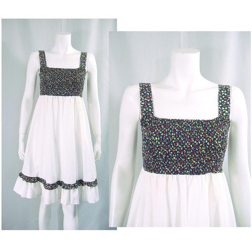 1970s Vintage Hippie Sun Dress - Smocked Bodice and Empire Waist - Fruits and Flowers Blue Calico - Extra Small to Small