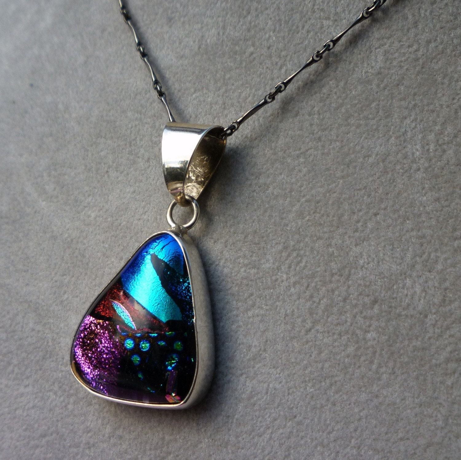 Pretty as a Peacock Bright Dichroic Glass Sterling Pendant Necklace