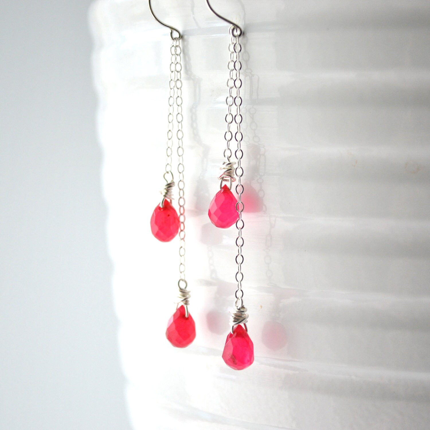 Hot Pink Chalcedony and Sterling Silver Chain Earrings