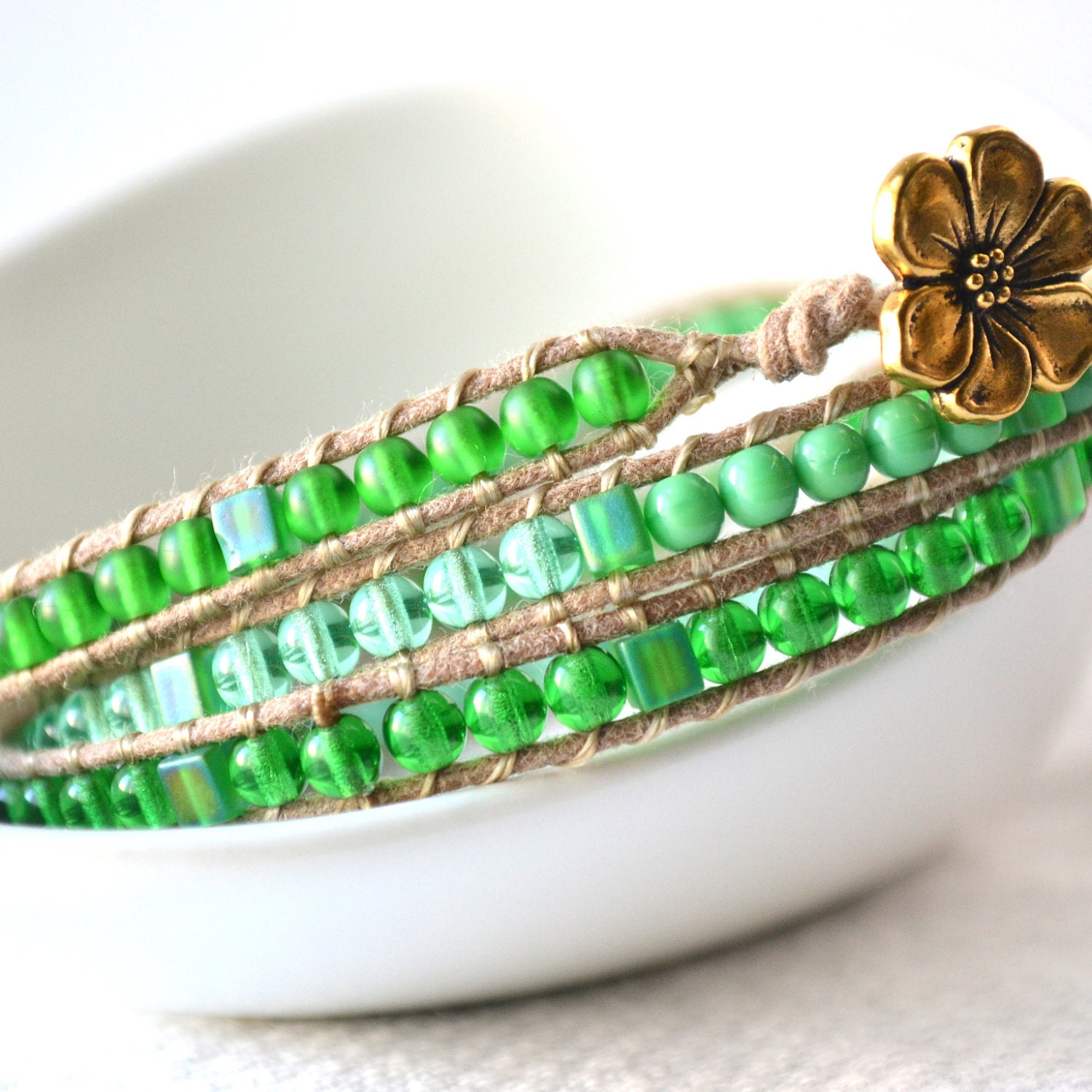 Emerald Green Glass Bead and Tan Waxed Cotton Wrap Bracelet