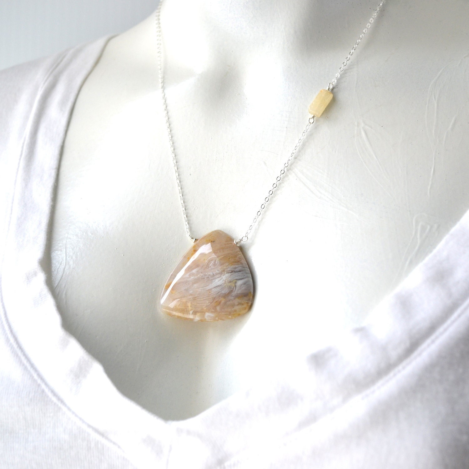 Flower Needle Agate, Yellow Jade and Sterling Silver Chain Necklace