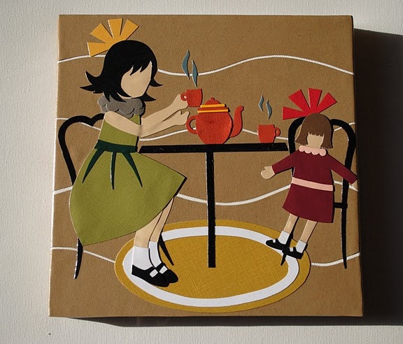 Original Retro Modern Collage Art on Canvas - Tea Party - 8x8