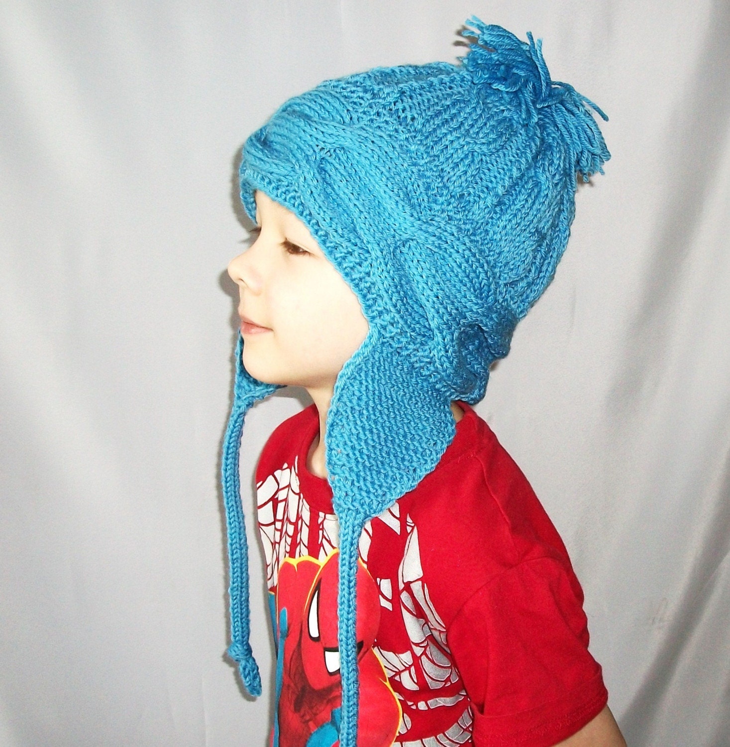 Handknitted soft wool kids-teeangers earflaps cabled hat Made to order