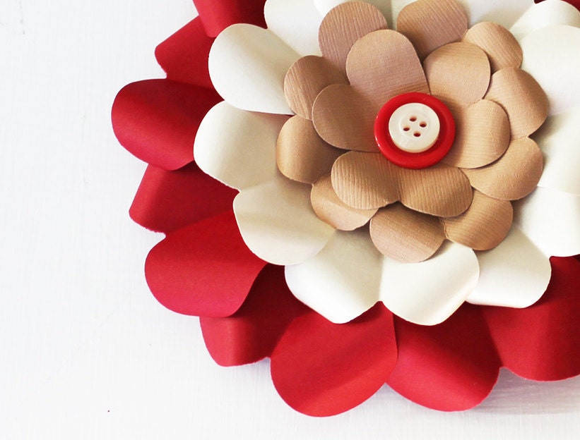 RED, TAUPE and CREAM - I Heart Paper Flower - Hanging Wall Decoration