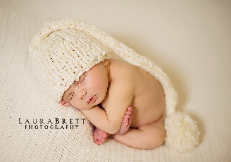 Chunky Cream Stocking Cap with Giant Pom Pom - newborn photo prop