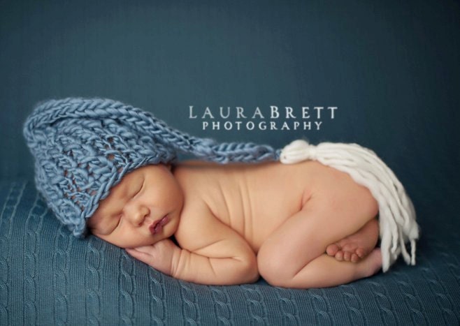 Ultra Fine Thick Thin Merino Wool Stocking Cap with Cream Tassle - newborn photo prop