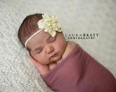 Skinny Cream Elastic Headband with Rustic Cream Flower - newborn photo prop