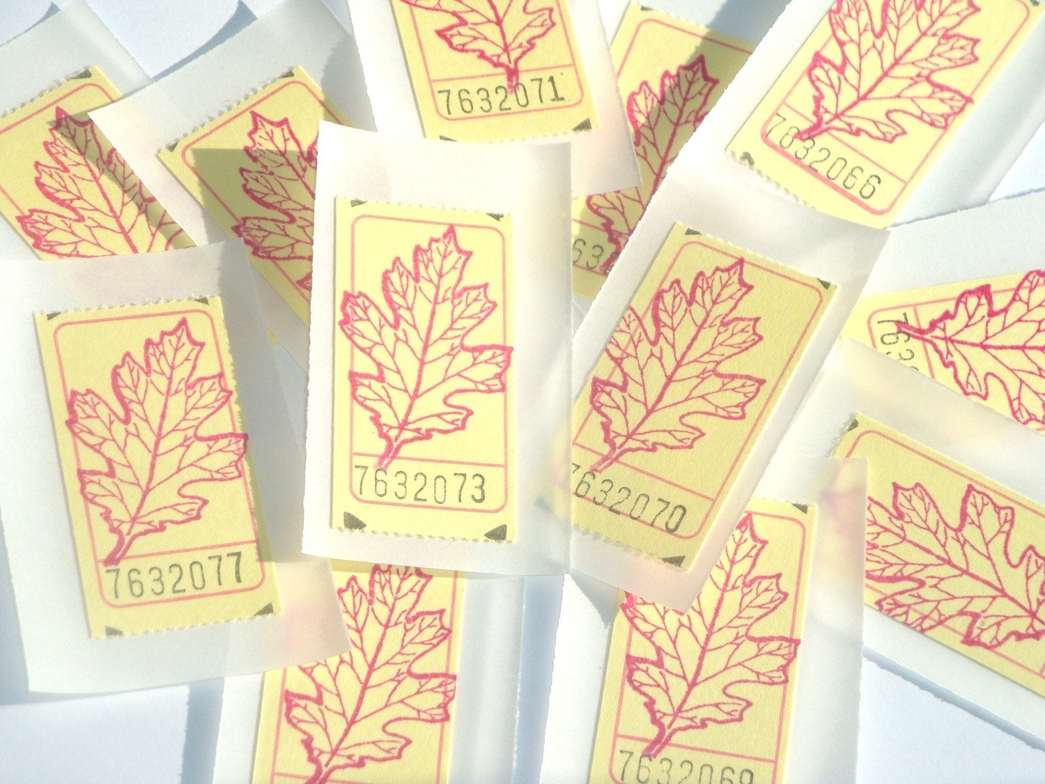Oak Leaf Handstamped Ticket Stickers // Envelope Seals // Set of 12