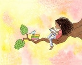 African American Girl With Long Curly Hair Writing with Bluebird - The GIRL Who WROTE STORIES  5x7 Art Print