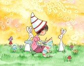 Brunette Girl with Bunnies and Mushrooms - KNITTING GIRL - 5x7 Art Print Children