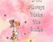 Brunette Girl Hugging Bunny - Pink Background - Children Nursery - YOU ALWAYS Make Me SMILE  - 8x10 Art Print