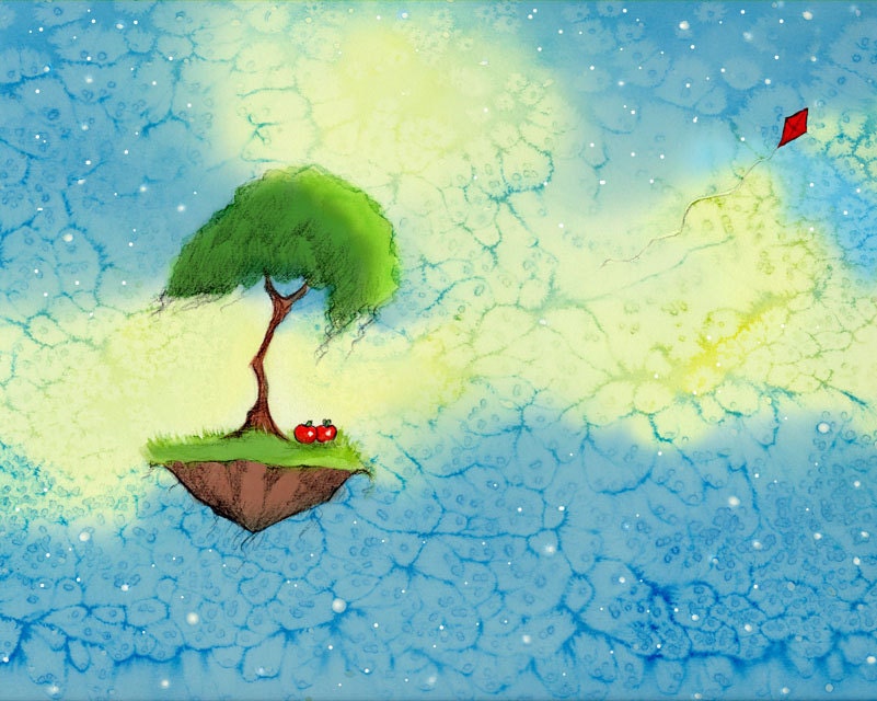 Tree and Apples in Outer Space - JUST AN ISLAND - 5x7 Art Print