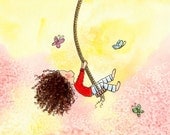 Brunette Girl Swinging and Butterflies - SWINGING WITH BUTTERFLIES - 8x10 Art Print - Children