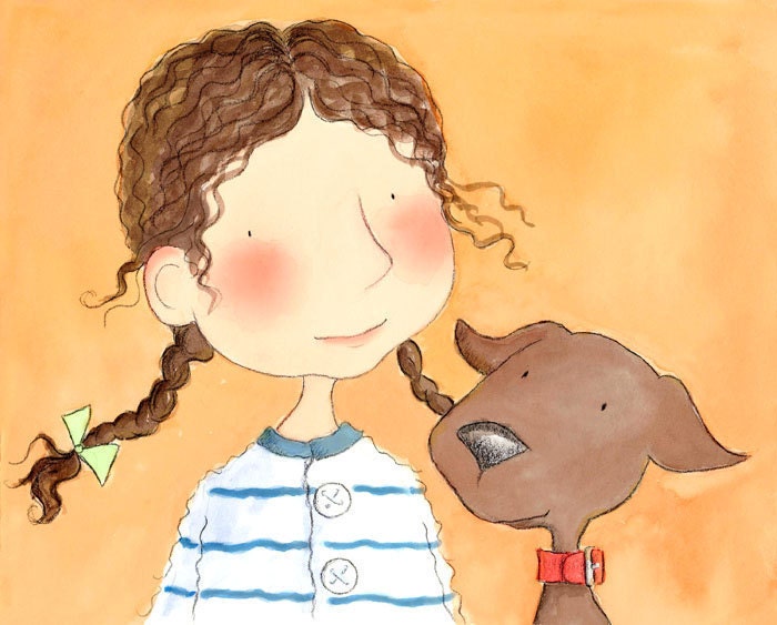 Brunette Girl With Chocolate Lab Puppy - Pumpkin Background  - BASIL And ANN MARIE  - 8x10 Fine Art Print