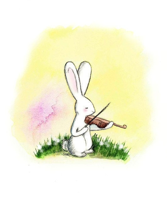 Bunny Playing Violin in Spring  - THE VIOLINIST - 4x6 Art Print