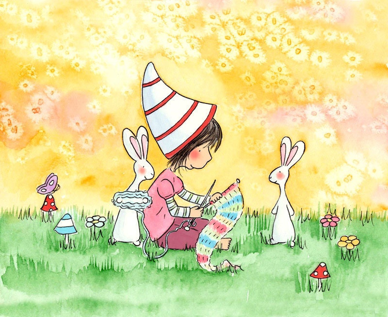 Brunette Girl with Bunnies and Mushrooms - KNITTING GIRL - 5x7 Art Print Children
