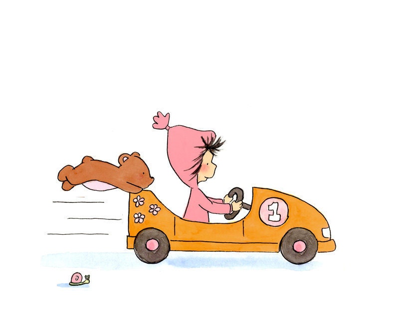 Baby Toddler Girl and Bear In an Orange Car  - The RACE CAR DRIVER - 8x10 Art Print