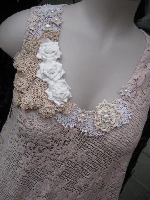 Vintage Kitty.. Lily Hannah..  tea dyed ecru.. upcycled lacey TUNIC vintage doilies.. super cute.. .. MED - XL