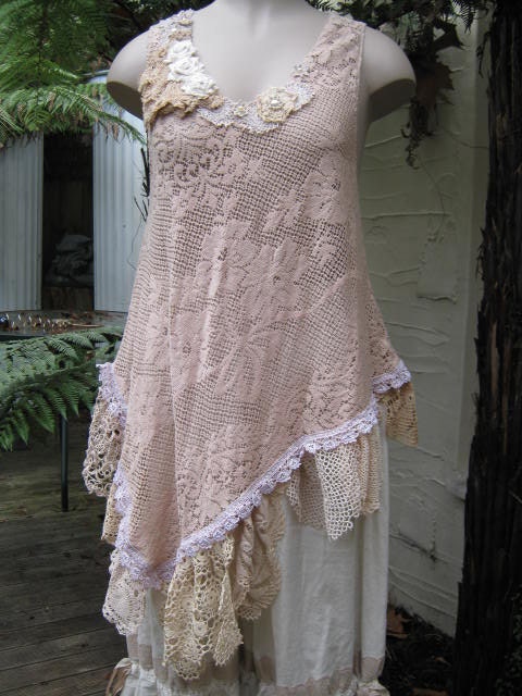 Vintage Kitty.. Lily Hannah..  tea dyed ecru.. upcycled lacey TUNIC vintage doilies.. super cute.. .. MED - XL