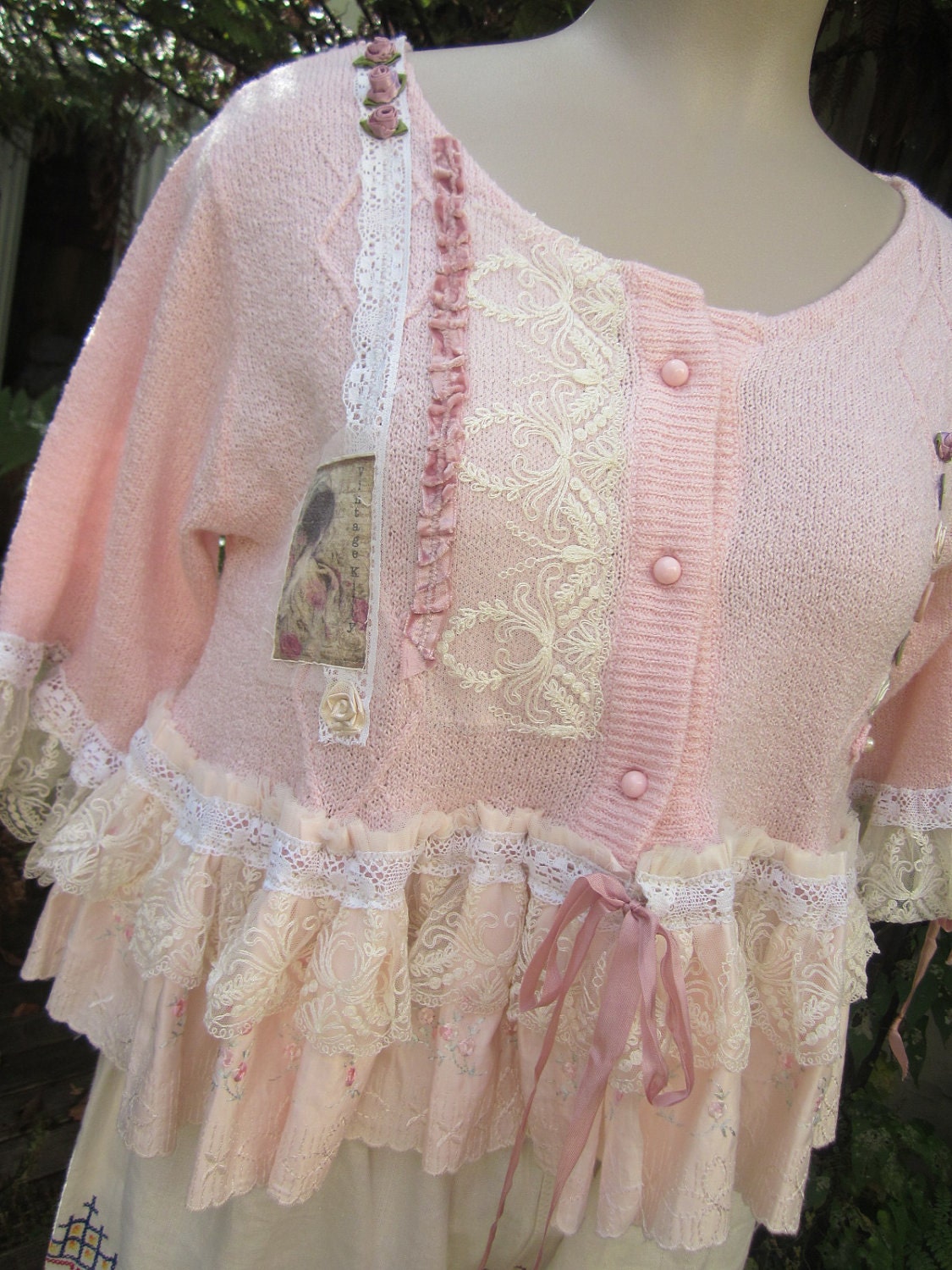 VINTAGE KITTY.. pretty pink crop cardi.. upcycled.. lace, crochet.. shabby chic.. ooak.. roses, lace, Lge - XL